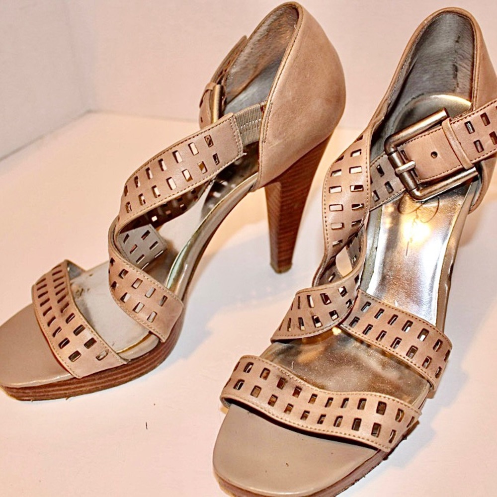 Jessica Simpson Tan Leather 4 Inch High Heel Strap